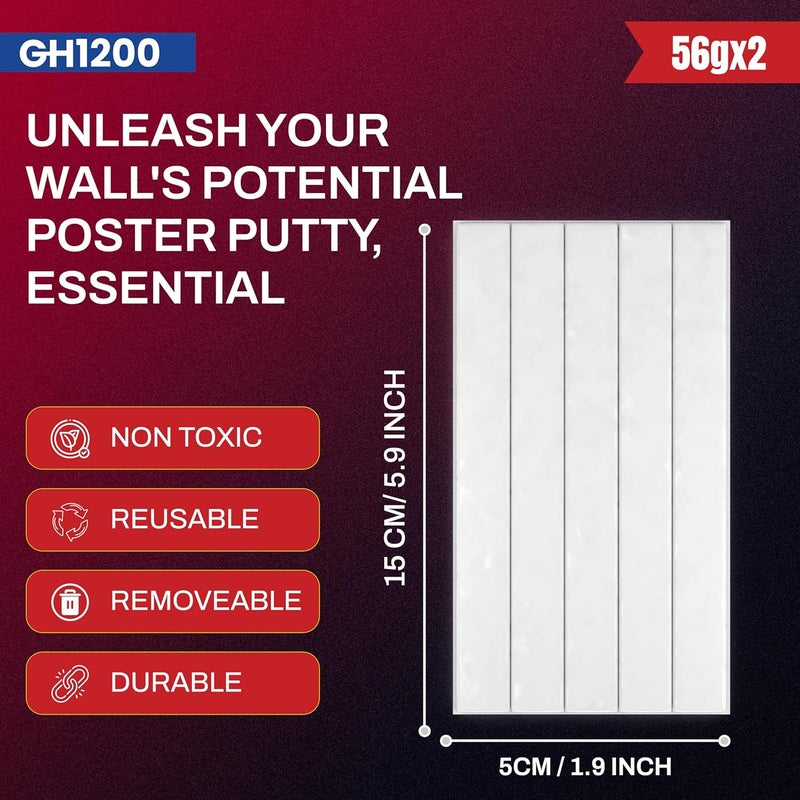 GH1200 عجينة لاصقة - عجينة ملصقات للجدران بدون ضرر مع لاصق قوي لتعليق الصور والملصقات والزينة قابلة لإعادة الاستخدام والإزالة (56 جرام × 2 قطعة) - Image 2